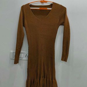 Brown Woolen Knit Dress with Ruffled Hem