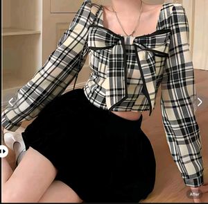 New with tag Pinterest Korean Plaid Bow Crop Top