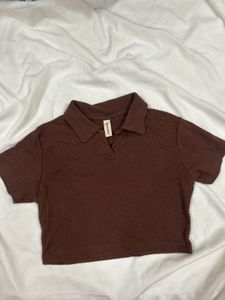 Brown Ribbed Crop Polo Top