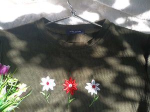 Olive Green Embroidered  Korean T Shirt