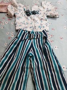 White Top With Blue Striped Palazzo For Baby Girl
