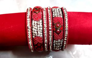 Red Beaded &amp; Rhinestone Bangle Set