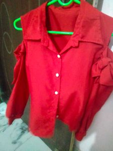 Cold Shoulder Bow Shaped Full Sleeved Red Shirt