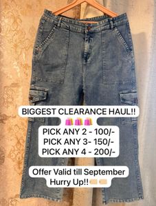 Trendy Wide Leg Cargo Jeans, Waist- 30