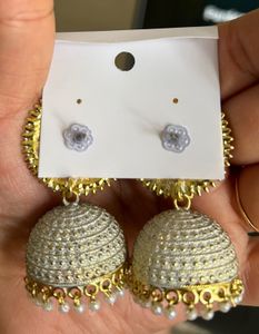 White &amp; Gold Jhumka Earrings