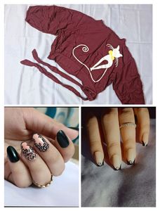 Combo Of 2 Sets Of Nails ( One Hands ) And Maroon Crop Top And Free Nail Glue