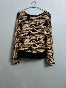 Brown Camouflage Print Top with Attached Inner