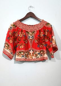Ginger Red Floral Shoulder Drop Crop Top