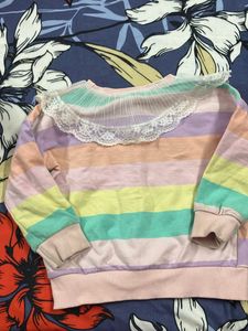 Pastel Striped Lace Collar Sweatshirt