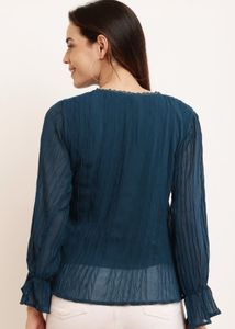 Teal Tie-Neck Pleated Top