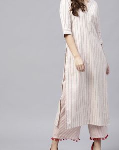 Beige Red Checked Kurta With Palazzos