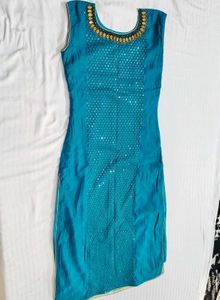 Women Teal Blue Sequence Chanderi Cotton Suit Set