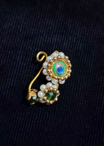 Peacock Nose Pin - Gold &amp; Pearl
