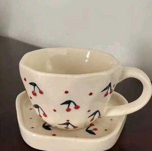 Cherry Print Ceramic Mug & Saucer