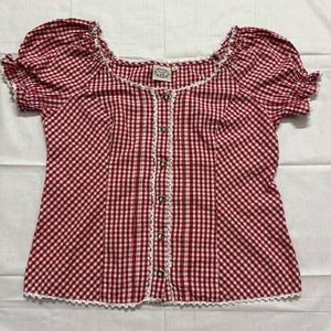 Red Gingham Puff Sleeve Blouse with Lace Trim