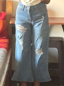 Wide Leg Blue Ripped Jeans