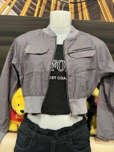 Charcoal Cropped Bomber Jacket with Utility Pocket
