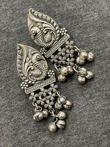 Silver Replica Peacock With Ghungoor Earring