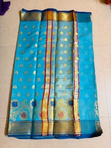 Blue kathpadar Blend Saree