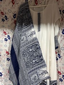 White N Blue Anarkali Kurta Dupatta
