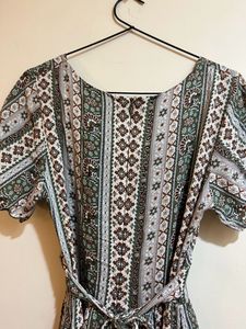Korean Green Pattern V Neck Dress