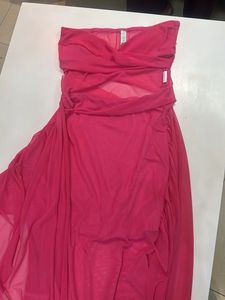 Bold Hot Pink Strapless Cutout Gown with Draped Tu