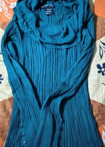 Teal Ribbed Cowl Neck Top