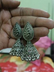 Oxidized Silver Jhumka Earrings Set