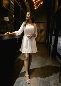 White Puffed Sleeve Square Neck Back Tie Up Dress