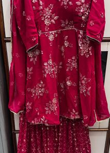 Hot pink Embroidered Kurta sharara set