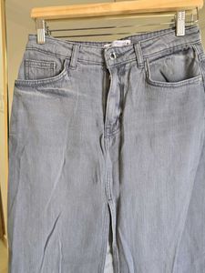 ZARA Denim Midi Skirt with Slit - Grey