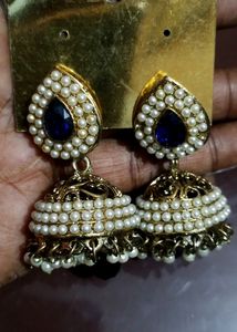 Blue Stone Matching, Pearl Work On Metal, Party Wear,Used Rarely 1time, unfortunately My Tinny Ear Can't Handle This Beautiful Earrings 😔