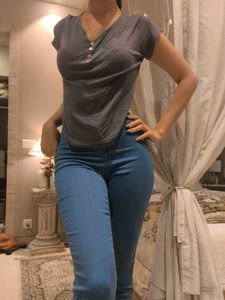 Blue-gray Soft Draping T Shirt