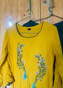 Yellow And Green Kurta Set With Flair Plazzo