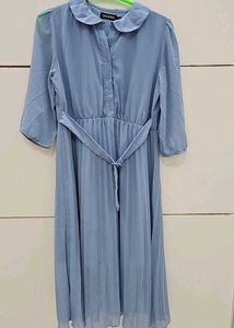 SASSAFRAS Blue Peterpan Pleated Belted Midi Dress