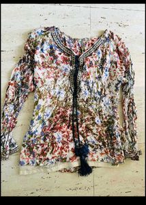Floral Print Embroidered Tassel Top