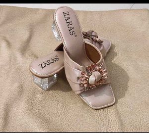 Zaras Embellished Clear Heel Mules