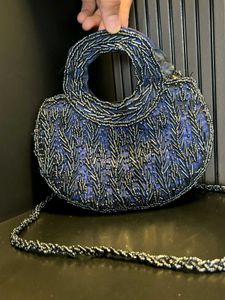 Mini Vintage-Style Beaded Handbag – Midnight Blue