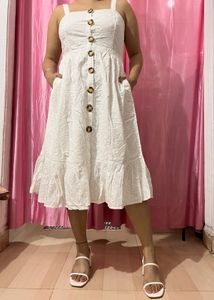 Eyelet Button-Front Midi Dress