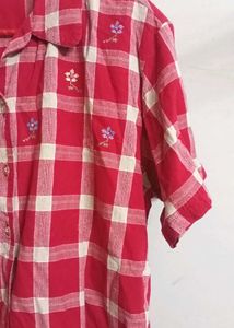 Red Cotton Check Shirt With Embroidery