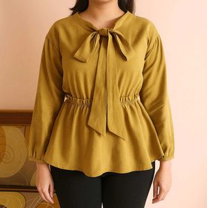 Mustard Tie-Neck Peplum Blouse
