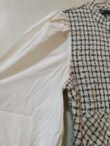 Chic Tweed &amp; Puff Sleeve Crop Top Blouse