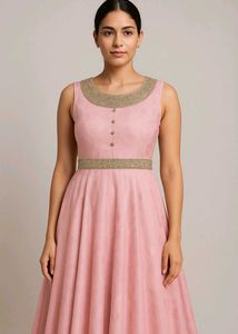 Elegant Pink & Gold Trim Fit & Flare Dress