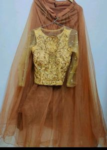 Golden Blouse & Brown Skirt Set For 30 Bust