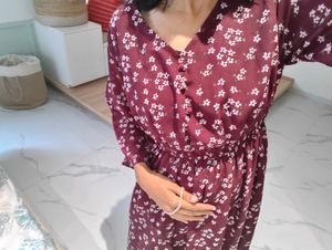 Maroon Fit &amp; Flare Midi Dress with Bell Sleeves