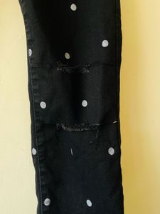 Zara Black Scratch Jeans With White Polkadots