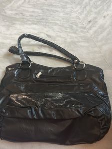Black Faux Leather Shoulder Bag with Pockets
