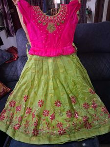Girls Pink and Green Embroidered Frock