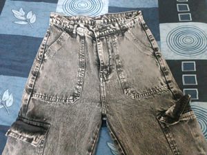 Denim Cargo Wide Leg Jeans In Charcoal Black
