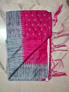 Pink &amp; Gray Silk Saree + Blouse